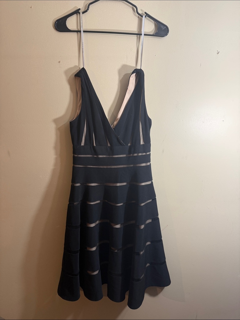 Mikael Aghal Black & Nude V-Neck Fit-and-Flare Mini Dress